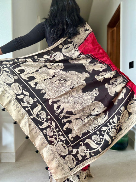Kalamkari - Printed Bangalore Silk Saree - Red