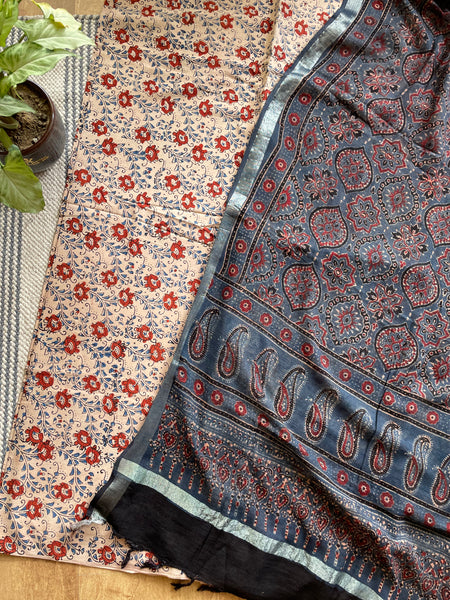 2 piece set - Ajrakh handblock cotton linen dupatta with cotton kurta