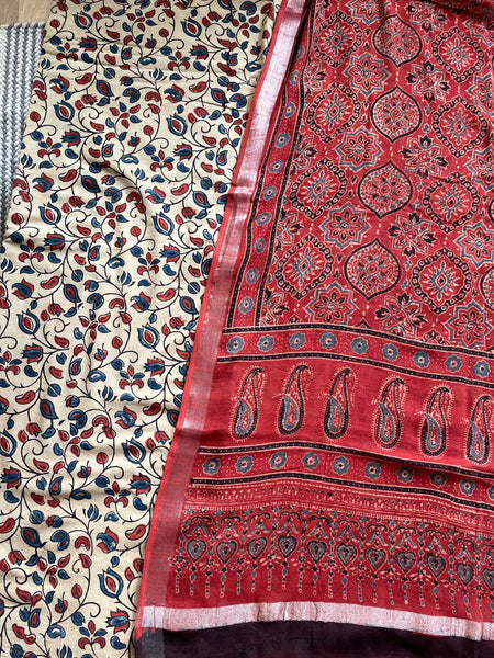 2 piece set - Ajrakh handblock cotton linen dupatta with cotton kurta
