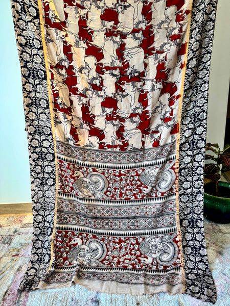 Kalamkari - Printed Bangalore Silk Saree with zari border