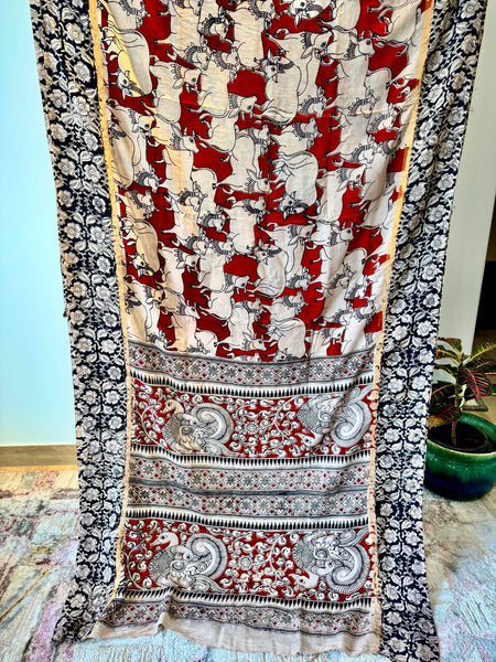 Kalamkari - Printed Bangalore Silk Saree with zari border