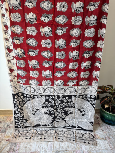 Kalamkari - Printed Bangalore Silk Saree- Red