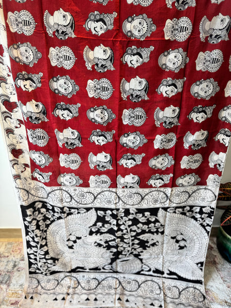 Kalamkari - Printed Bangalore Silk Saree- Red