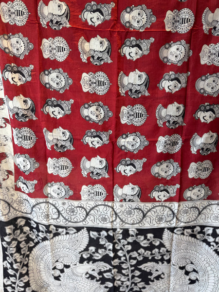 Kalamkari - Printed Bangalore Silk Saree- Red