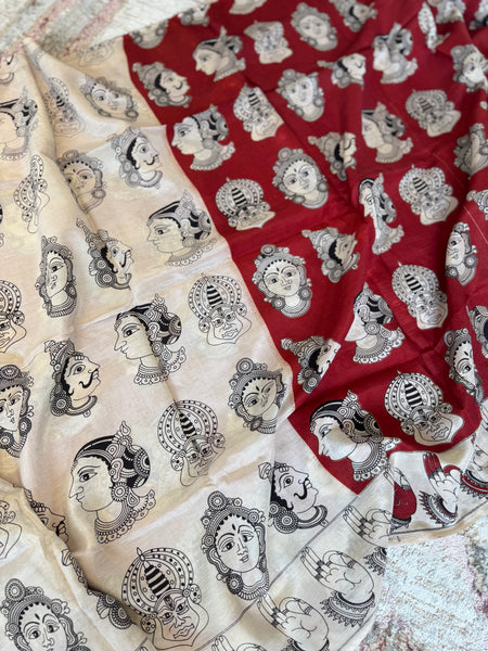 Kalamkari - Printed Bangalore Silk Saree- Red