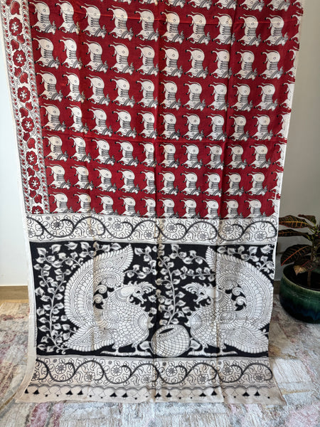 Kalamkari - Printed Bangalore Silk Saree- Red
