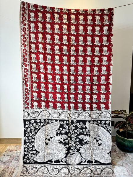 Kalamkari - Printed Bangalore Silk Saree- Red