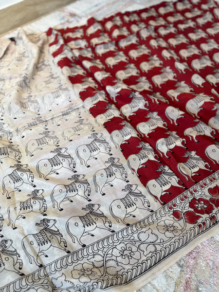 Kalamkari - Printed Bangalore Silk Saree- Red