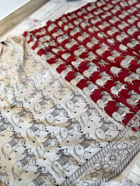Kalamkari - Printed Bangalore Silk Saree- Red