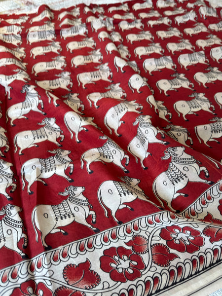 Kalamkari - Printed Bangalore Silk Saree- Red