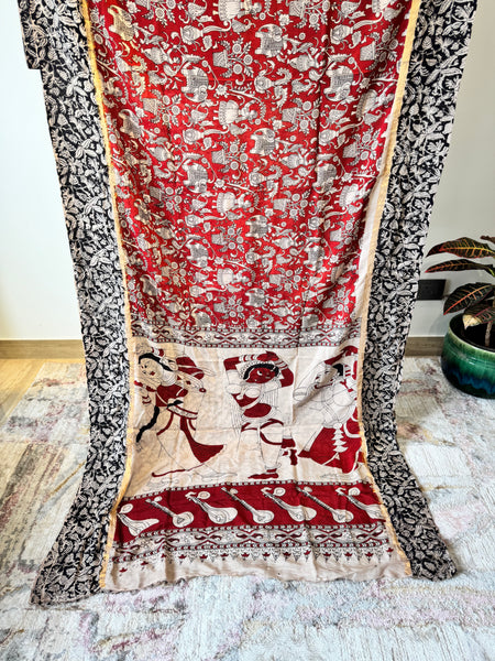 Kalamkari - Printed Bangalore Silk Saree with zari border - Red