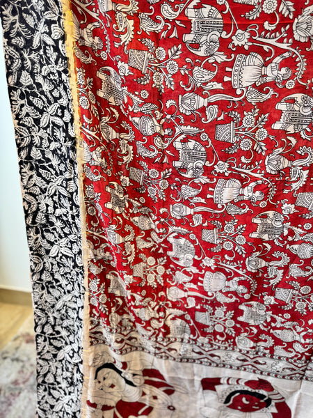 Kalamkari - Printed Bangalore Silk Saree with zari border - Red