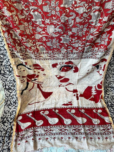 Kalamkari - Printed Bangalore Silk Saree with zari border - Red