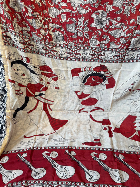 Kalamkari - Printed Bangalore Silk Saree with zari border - Red