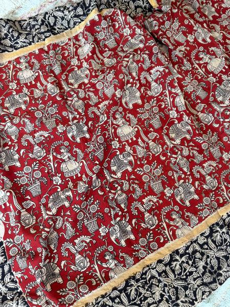 Kalamkari - Printed Bangalore Silk Saree with zari border - Red