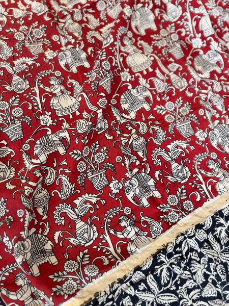 Kalamkari - Printed Bangalore Silk Saree with zari border - Red