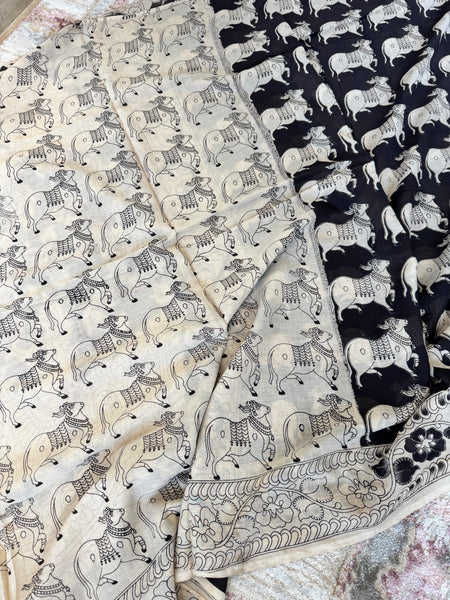Kalamkari - Printed Bangalore Silk Saree- Black