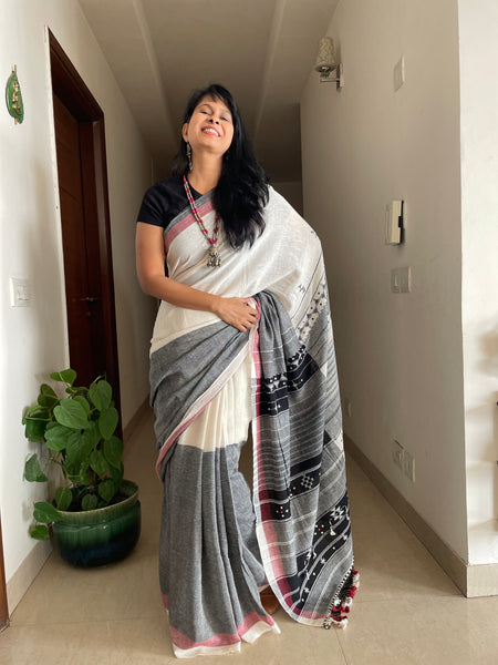 Bhujodi saree - Organic Kala Cotton - Black & White - Green pallu