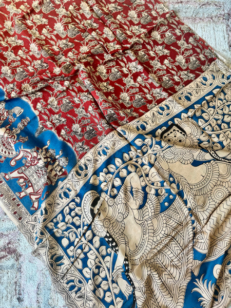 Kalamkari - Printed Bangalore Silk Saree- Blue & Red