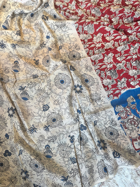 Kalamkari - Printed Bangalore Silk Saree- Blue & Red
