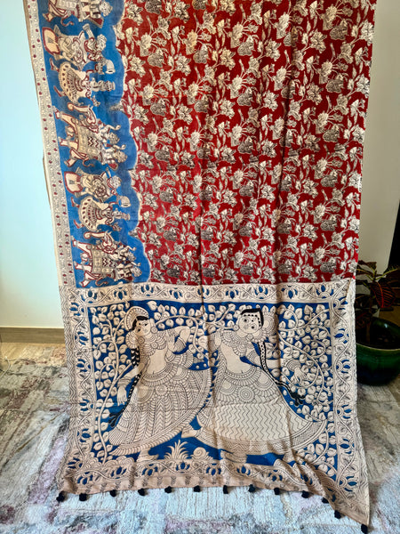 Kalamkari - Printed Bangalore Silk Saree- Blue & Red