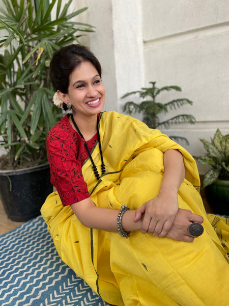 ताना-बाना- Cotton Handwoven Jamdani Saree - yellow