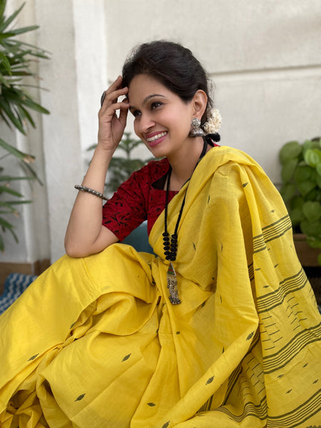 ताना-बाना- Cotton Handwoven Jamdani Saree - yellow