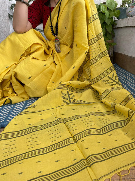 ताना-बाना- Cotton Handwoven Jamdani Saree - yellow