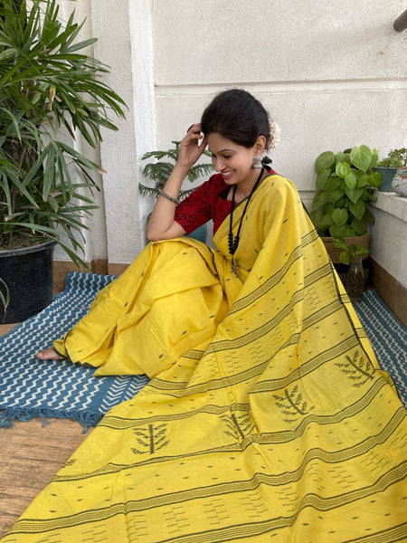 ताना-बाना- Cotton Handwoven Jamdani Saree - yellow