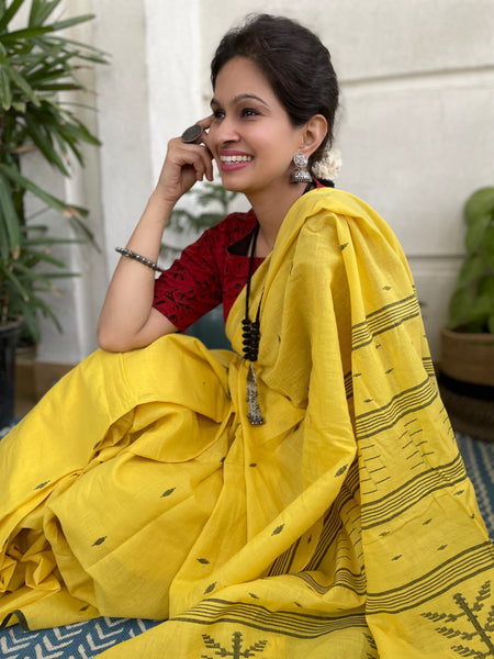 ताना-बाना- Cotton Handwoven Jamdani Saree - yellow