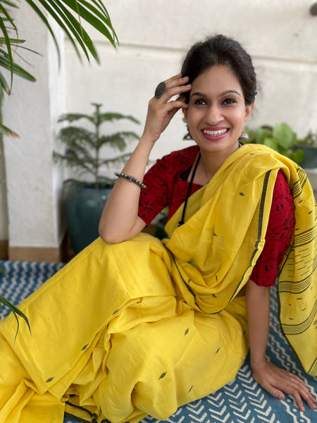 ताना-बाना- Cotton Handwoven Jamdani Saree - yellow