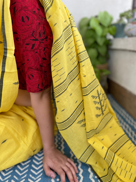 ताना-बाना- Cotton Handwoven Jamdani Saree - yellow
