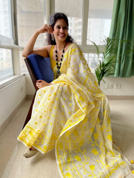 ताना-बाना-Handloom Dhakai Jamdani Saree - Bright yellow