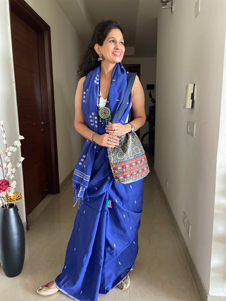 ताना-बाना- Cotton Handwoven Jamdani Saree - Blue