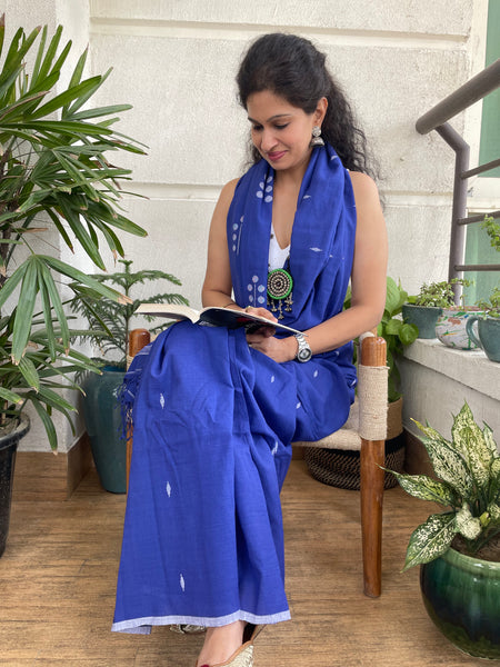 ताना-बाना- Cotton Handwoven Jamdani Saree - Blue