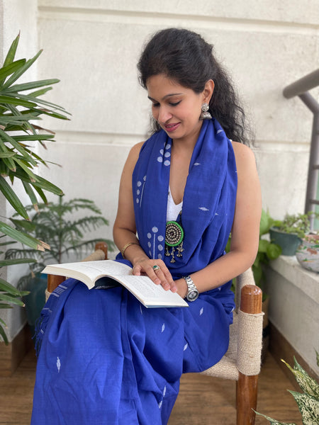 ताना-बाना- Cotton Handwoven Jamdani Saree - Blue