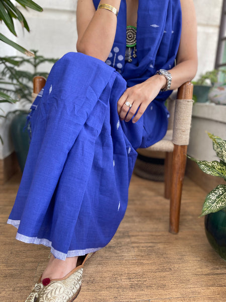 ताना-बाना- Cotton Handwoven Jamdani Saree - Blue