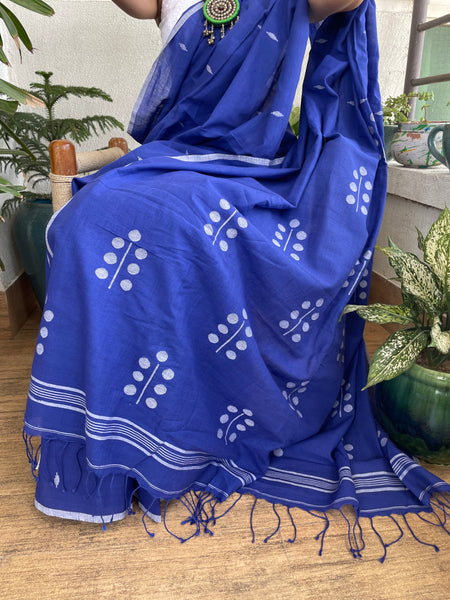 ताना-बाना- Cotton Handwoven Jamdani Saree - Blue