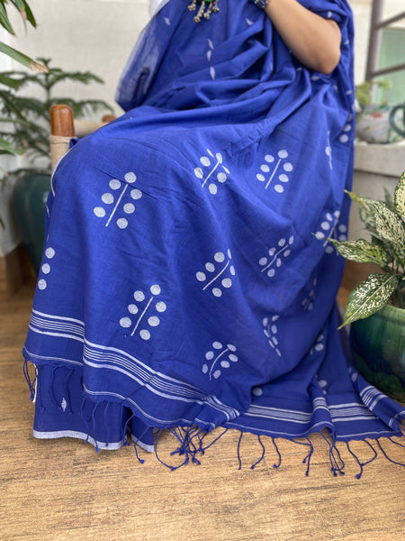 ताना-बाना- Cotton Handwoven Jamdani Saree - Blue
