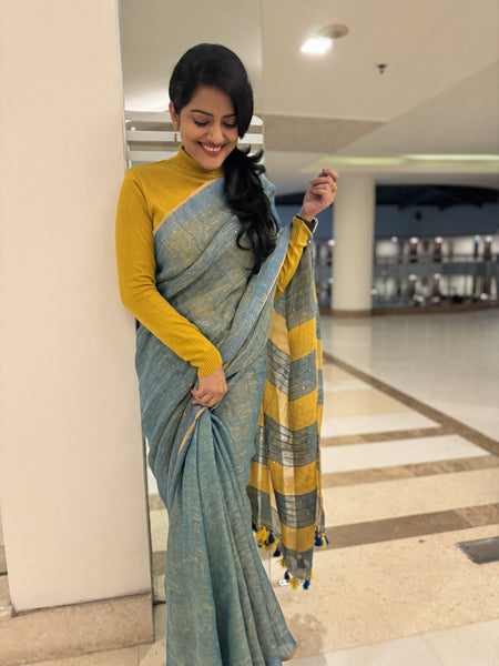 Handwoven linen blue saree with woven sitara