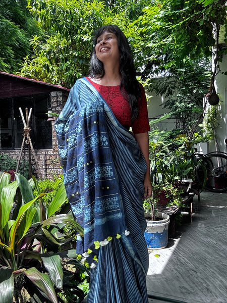 Embroidered Pallu hand block printed cotton saree