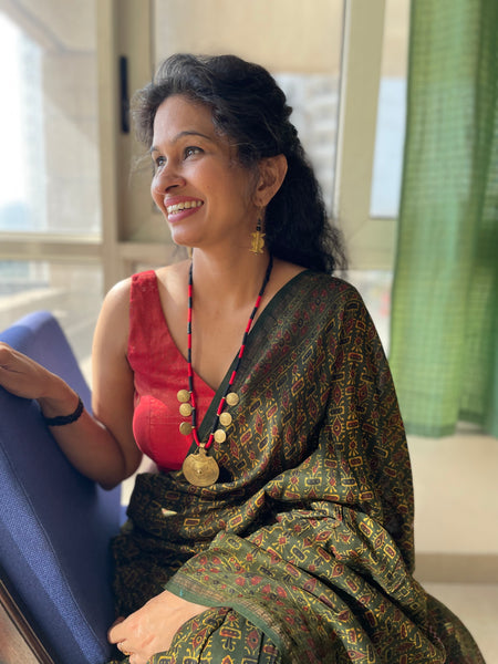 Ajrakh naturally dyed cotton silk saree with hand embroidery