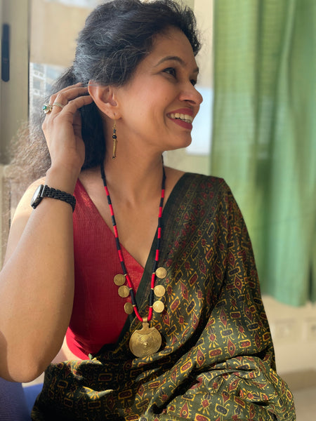 Ajrakh naturally dyed cotton silk saree with hand embroidery