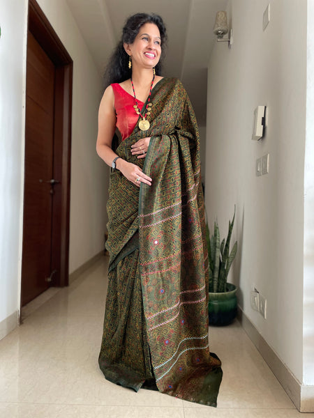 Ajrakh naturally dyed cotton silk saree with hand embroidery