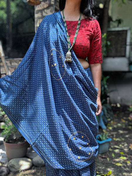 Embroidered pallu and front hand block printed cotton saree