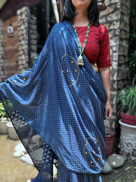 Embroidered pallu and front hand block printed cotton saree