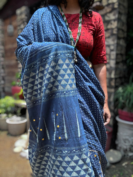 Embroidered pallu and front hand block printed cotton saree
