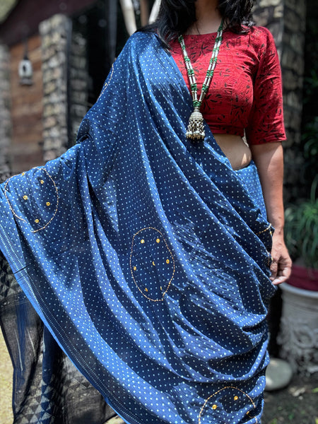 Embroidered pallu and front hand block printed cotton saree