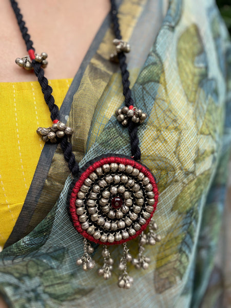 Green Handcrafted Embroidered long necklace and earrings
