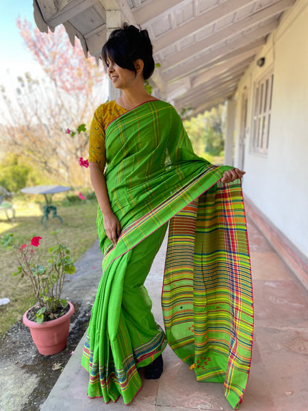 Parrot green woven handloom cotton saree
